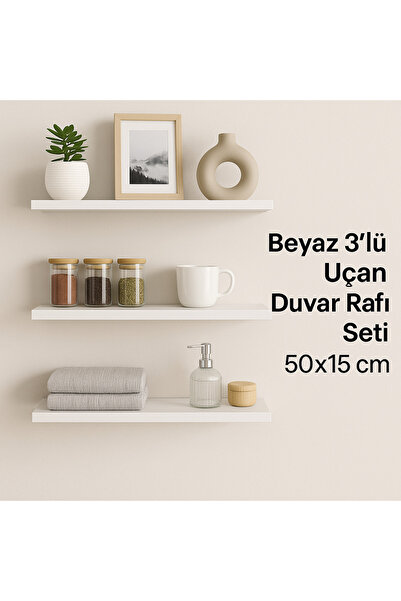 PAZARACTİVE Beyaz 3’lü Uçan Duvar Rafı Seti 50x15 Cm | Salon, Mutfak, Kitaplık Raf