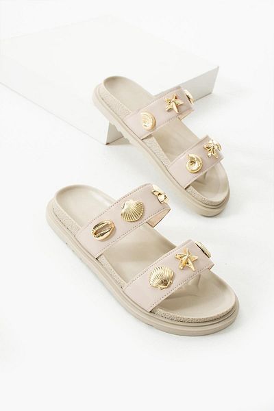 diclepolat Joke Beige Matte Star Buckle Detailed Double Tape Flat Sole Women's Slippers