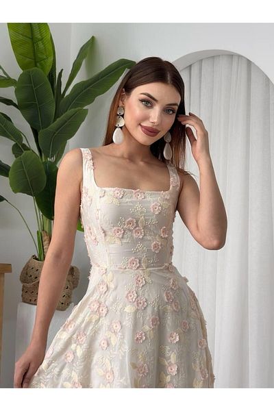 Julidress Λινό φόρεμα Premium Design με κέντημα και τρισδιάστατο ροζ λουλούδι με λουράκι