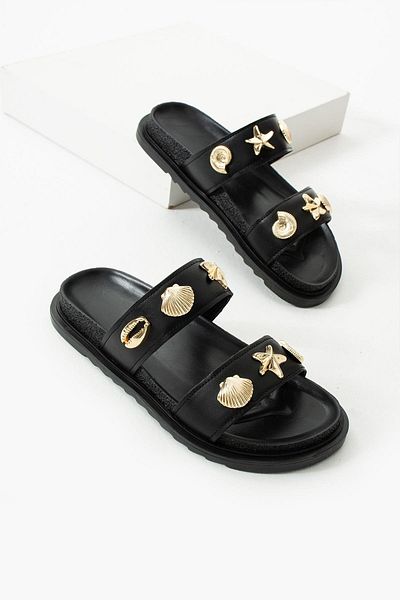 diclepolat Joke Black Matte Star Buckle Detailed Double Tape Flat Sole Women's Slippers