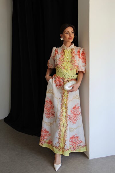 Julidress Yellow Patterned Belted Pocket Midi Length Premium Design Linen Dress