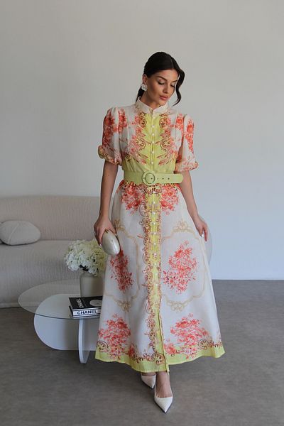 Julidress Yellow Patterned Belted Pocket Midi Length Premium Design Linen Dress