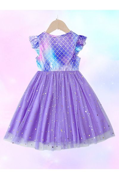 darko Mermaid Short Sleeve Midi Length Girls Purple Dress Mermaid Tutu Skirt Starry Birthday Celebration