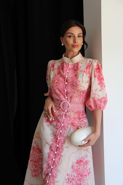 Julidress Λινό φόρεμα με ροζ σχέδιο με ζώνη και τσέπες Midi μήκους Premium Design