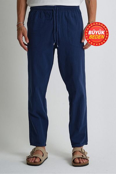 Dechers Men's Large Size 100% Cotton Linen Look Trousers E206