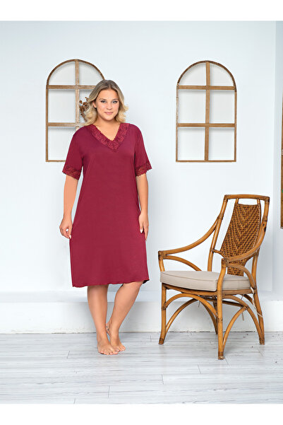 SASİ Kadın Bordo Yumuşak Örme Battal Kısa Kollu Gecelik