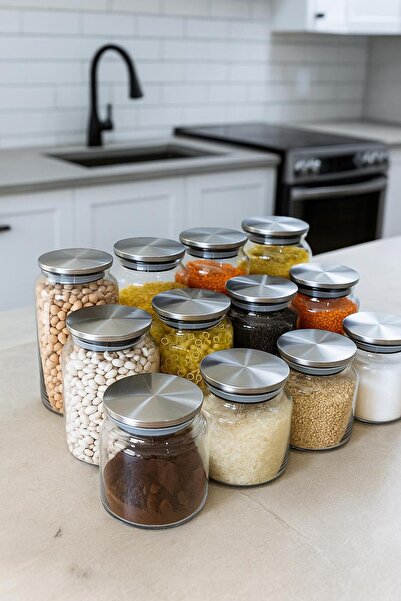 LİNGO HOME 12'li Metal Kapaklı Kavanoz Seti -etiketli-baharatlık Erzak Bakliyatlık-500 - 750 -1000 ml