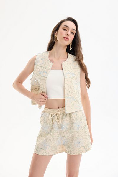 Quzu Stone Detailed Embroidered Vest Natural
