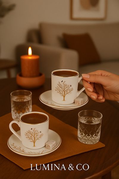 LUMİNA Gold Gilded 4 Piece 2 Person Tree of Life Porcelain Set of 2 Cups 100 ml