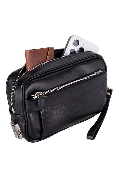 Lev Leather Genuine Leather Handbag Travel Organizer Bag with Zipper and Hidden Compartment Wristband Strap