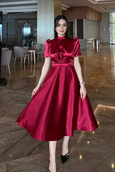 Sheeny Nil Bordo Kloş Etek Kısa Kol Midi Boy Saten Abiye Elbise