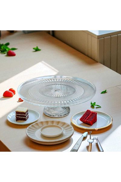 Noah Exclusive 21 cm Glass Footed Presentation Plate - Footed Glass Cake - Pastry Serving Plate