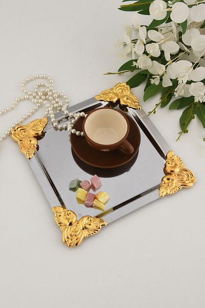 AKSESUAR EVRENİ Pietra Stainless Square 4 Corners 1 Presentation Tray with Yellow Flower Detail