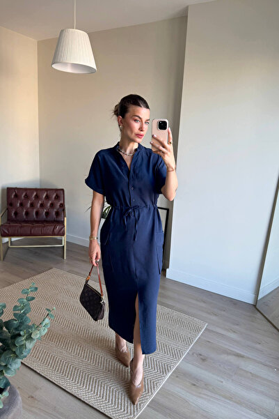 Sue Store Lacivert Hakim Yaka Beli Bağcıklı Yırtmaçlı Gömlek Elbise