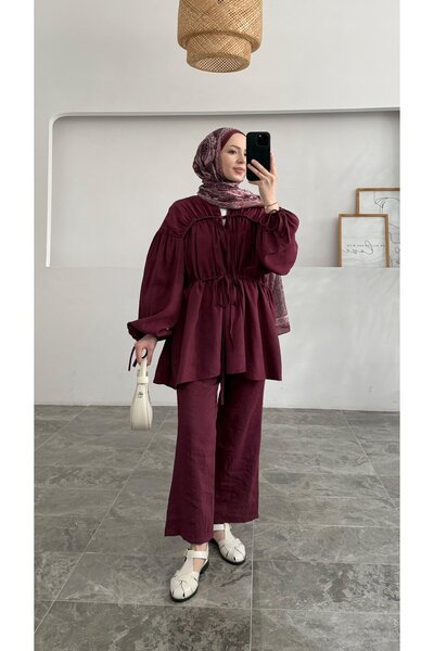 Miraydın Butik Women's Front Tie Drawstring Suit M41275 - Plum