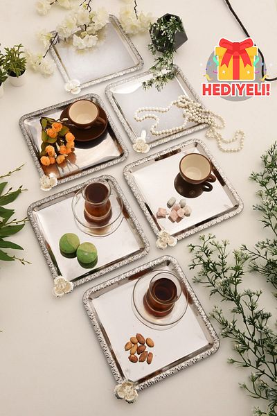 AKSESUAR EVRENİ Argento Stainless Silver Square Patterned 6 Presentation Tray with Stones