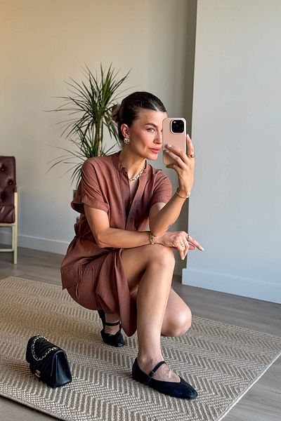 Sue Store Light Brown Shirt Dress with Chief Collar and Lace-up Waist Slit