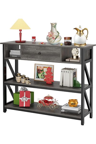 AGD 3-Tier Console Table with Drawer, Faux Wood Shelves for Living Room, Sofa, Foyer, 100x30x79cm Grey