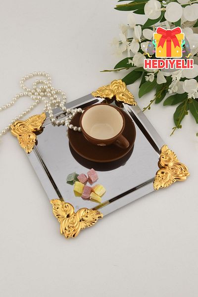 AKSESUAR EVRENİ Pietra Stainless Square 4 Corners 1 Presentation Tray with Yellow Flower Detail