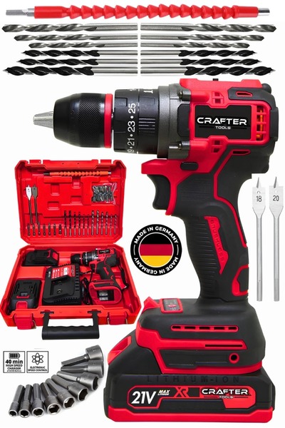 CRAFTERTOOLS 21v 3ah Kömürsüz Motor Çelik Mandren Akülü Vidalama Darbeli Şarjlı Matkap Seti Kırmızı Alt102