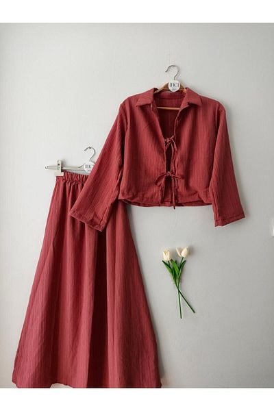 Butik İnci Wears: Two-Tie Collar Seersucker Skirt Suit - Dusty Rose