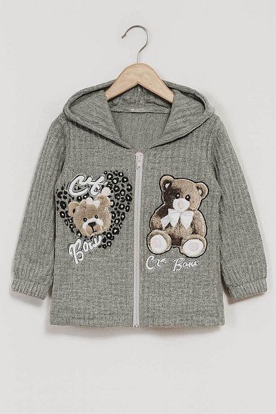 Peki Baby 5 Add 4 Pay Kids Girls Cute Bear Teddy Bear Printed Hooded Zippered Cardigan Top 13685