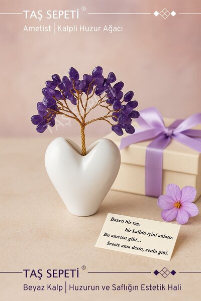 TAŞ SEPETİ Ametist Doğaltaşı Huzur Pozitif Enerji Anti Radyasyon Ağacı Kalpli Beyaz Vazo Dekoratif Ürün Özel B