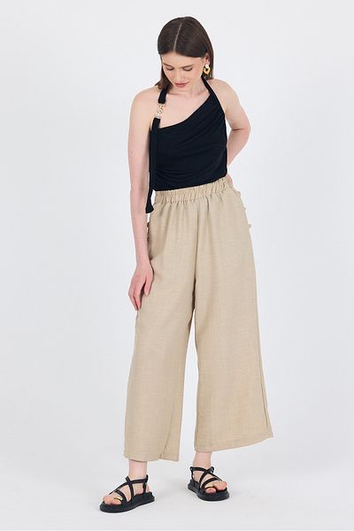 Rays Beige Linen Textured Cotton Side Detail Wide Leg Trousers 4820A