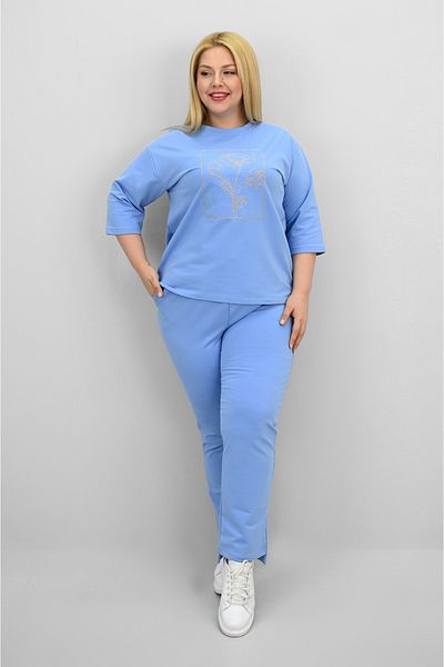 Koza Butik Women's Plus Size Short Sleeve Floral Embroidered Tracksuit Set 8199-25