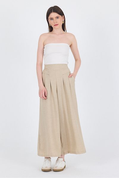 Rays Beige Cotton Linen Textured High Waist Pleated Palazzo Pants 4819A