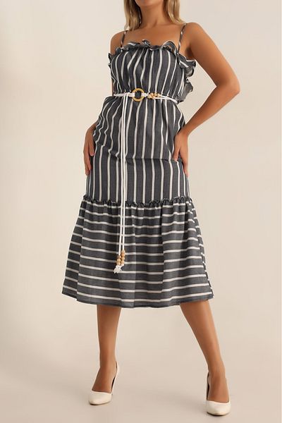 Stil Sepeti Women's Navy Blue Striped Collar Ruffled Belt Midi Linen Dress Tll-10074100