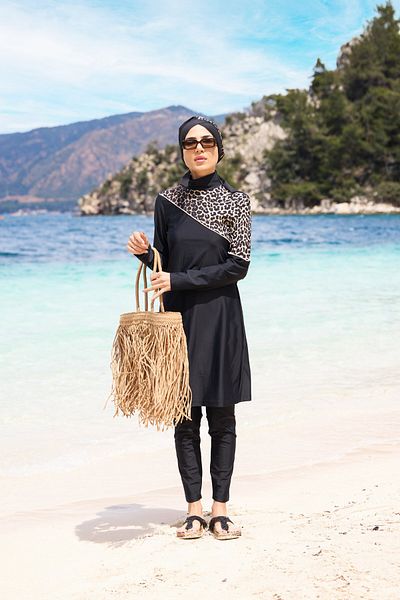NS TASARIM MAYO Serengeti Leopard Model Shoulder Patterned Lycra Design Hijab Double Swimsuit Set