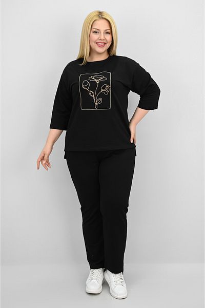 Koza Butik Women's Plus Size Short Sleeve Floral Embroidered Tracksuit Set 8199-25