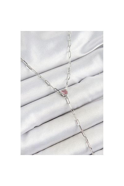 Skygo Brass Zircon Stone Pink Heart Figured Y Model Silver Color Women's Necklace - Tj-Bko10319