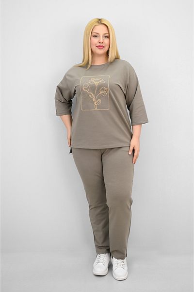 Koza Butik Women's Plus Size Short Sleeve Floral Embroidered Tracksuit Set 8199-25