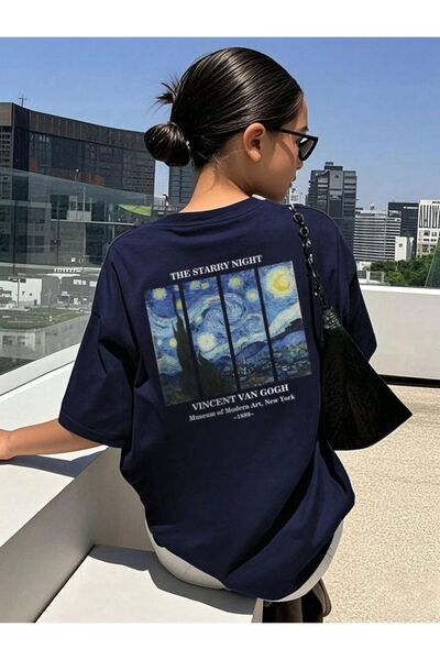 LAYORA "خاص لمحبي الفن! تي شيرت نسائي كبير الحجم مطبوع عليه "ليلة النجوم" من فان جوخ"