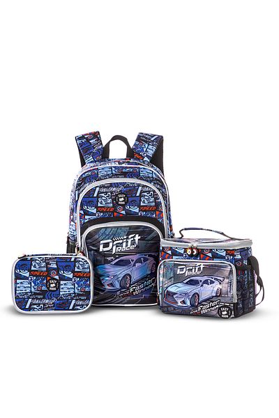 Eazy Kids 18" Set of 5 Backpack w/ Water Bottle, Lunch Box, Lunch Bag and Pencil Case-Car Racing