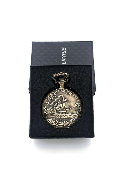 valkyrie Retro Vintage Embossed Smoky Train Flower Motif Elegant Chain Pocket Watch