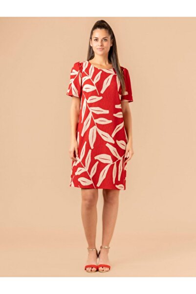 Kübra Tekstil Lupinn Fashion Women's Crew Neck Short Sleeve Leaf Print Relaxed Fit Summer Mini Dress