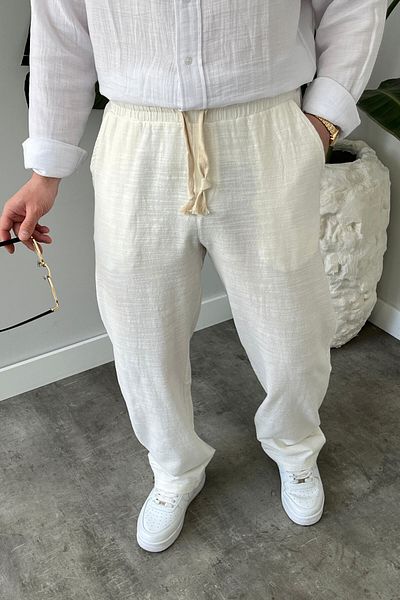 BayAygün Bayaygun 5070 Baggy Joger Linen Trousers_White