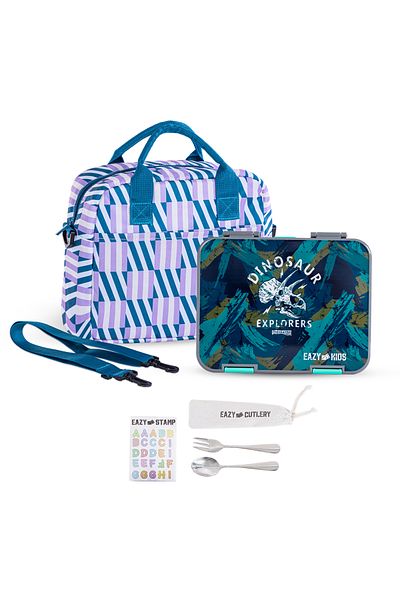 Eazy Kids صندوق غداء بينتو قابل للتحويل للأطفال من عمر 6 إلى 4 سنوات مع حقيبة غداء، ومجموعة ملاعق وشوكة فولاذية، وملصقات أبجدية - رمادي تي ريكس