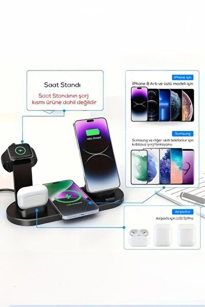 Genel Markalar 4'ü 1 Arada Kablosuz Çok İşlevli Şarj İstasyonu – Telefon, Akıllı Saat, Kulaklık Uyumlu