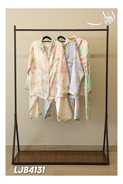 LINELLE طقم بيجاما ليلي من الساتان المطبوع مع ياقة قميص وأكمام طويلة بألوان الباستيل.