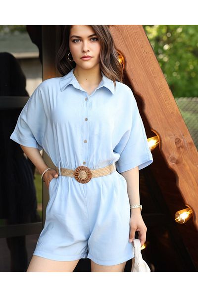PNR WOMAN Shirt Collar Button Front Belted Modal Fabric Jumpsuit with Shorts