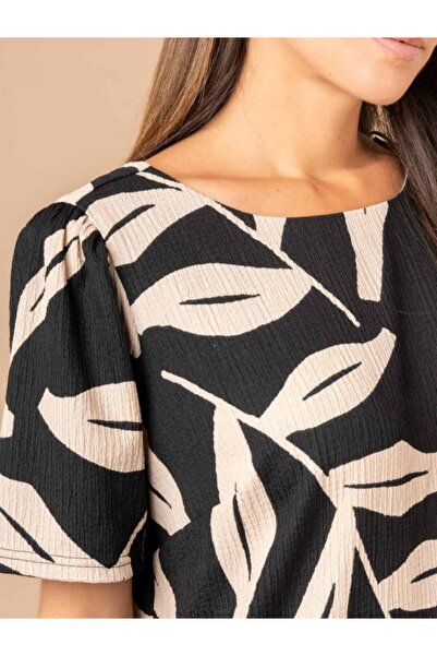 Kübra Tekstil Lupinn Fashion Women's Crew Neck Short Sleeve Leaf Print Relaxed Fit Summer Mini Dress