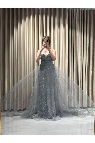 Kaleiçi Yıldızlar Gri Taş İşlemeli Balık Tül Pelerinli Önü Detaylı HV682