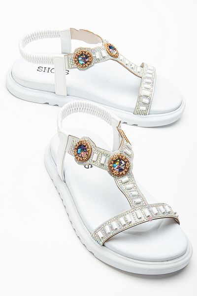 Tonny Black Women's White Stone Embroidered Sandals with Elastic Back