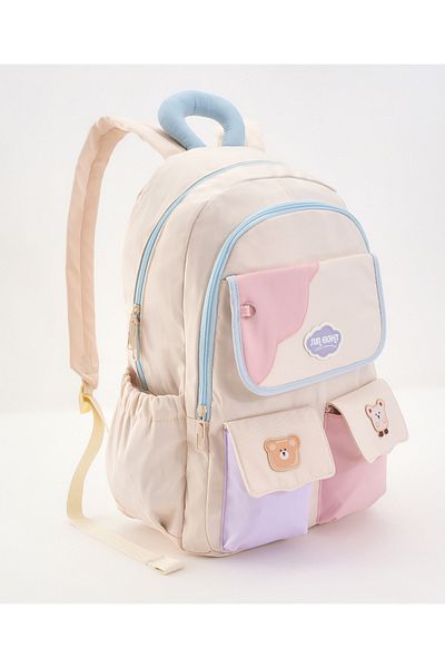 Bonfino Bonfino Teddy School Bag, Dual Compartments, Padded Shoulder Straps, Beige and Pink - 19 Inches