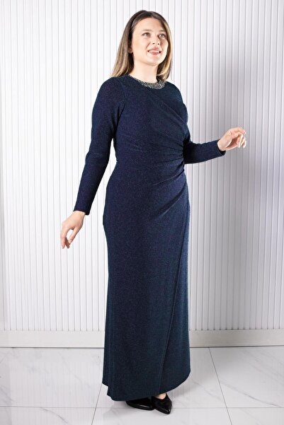 SUBU TASARIM Evening Dress with Stone Print Detail Navy Blue Tbsmda2537