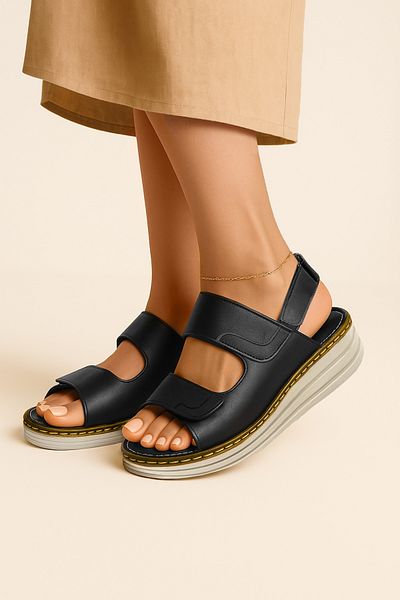 Cristante Zappella Women's Black Orthopedic Genuine Leather Sandals – Comfortable Anatomical Sole Velcro Summer Sandals